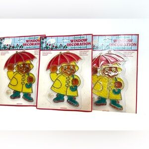 VTG Lot Of 3 Bear in Raincoat Crystalline Sun Catcher Stained Glass Look NIB